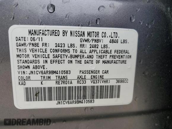 2011 Infiniti G37 x Sport Appearance Edition with VIN JN1CV6AR9BM410583, listed as a Copart auction lot 48680125 with Not Provided miles and Salvage Title. Bid and sale history available at DreamBid. Image 12.