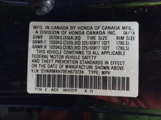 2014 Honda CR-V EX-L with VIN 2HKRM4H79EH673724, listed as a IAAI auction lot 41997032 with 129,075 mi miles. Bid and sale history available at carsss.com. Image 9.