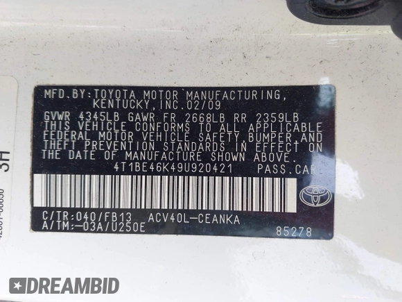 2009 Toyota Camry z VIN 4T1BE46K49U920421, wystawiony jako IAAI lot #42388433 z przebiegiem 132 339 mil mil oraz . Historia ofert i sprzedaży dostępna na DreamBid. Obrazek 9.