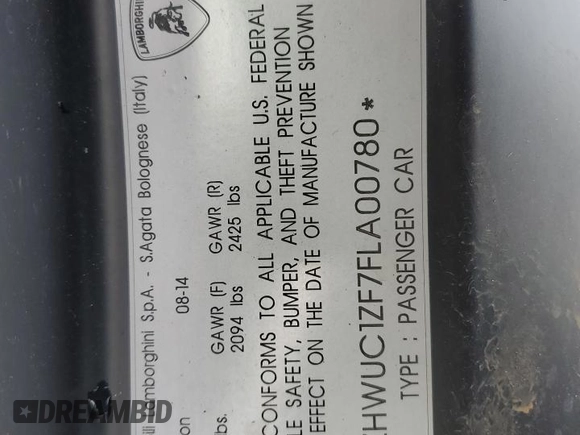 2015 Lamborghini Huracan z VIN ZHWUC1ZF7FLA00780, wystawiony jako Copart lot #88019135 z przebiegiem Nie podano mil oraz Szkoda całkowita • Salvage title. Historia ofert i sprzedaży dostępna na DreamBid. Obrazek 13.