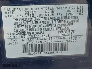 2019 Nissan Versa Sedan SV with VIN 3N1CN7AP9KL881454, listed as a IAAI auction lot 41911729 with 47,903 mi miles. Bid and sale history available at carsss.com. Image 9.