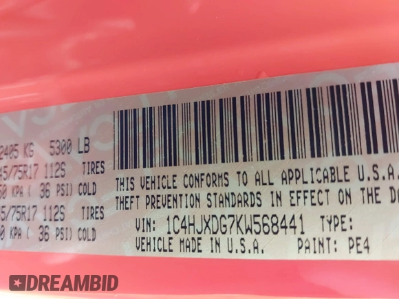 2019 Jeep Wrangler Unlimited Sport S with VIN 1C4HJXDG7KW568441, listed as a IAAI auction lot 41142271 with 73,698 mi miles and . Bid and sale history available at DreamBid. Image 9.
