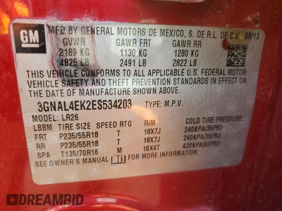 2014 Chevrolet Captiva Sport LTZ with VIN 3GNAL4EK2ES534203, listed as a Copart auction lot 44555065 with 174,138 mi miles and Salvage Title. Bid and sale history available at carsss.com. Image 15.
