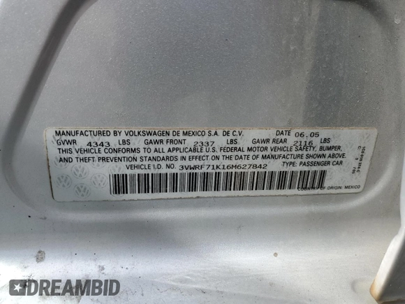 2006 Volkswagen Jetta 2.5L with VIN 3VWRF71K16M627842, listed as a Copart auction lot 53857385 with 159,277 mi miles and Salvage title. Bid and sale history available at DreamBid. Image 12.