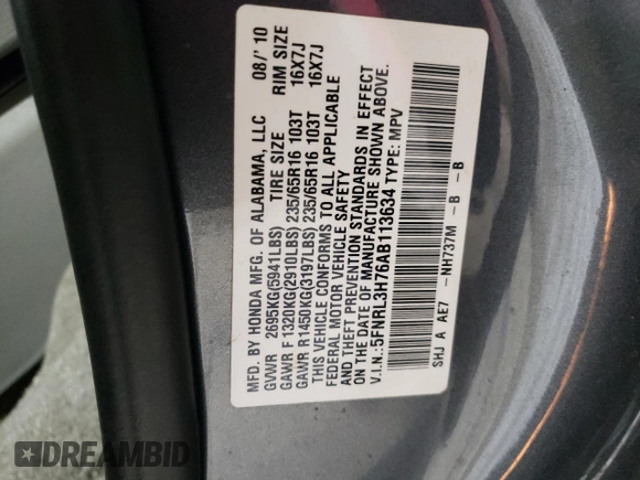 2010 Honda Odyssey EX-L with VIN 5FNRL3H76AB113634, listed as a Copart auction lot 53881045 with 214,478 mi miles and Salvage Title. Bid and sale history available at carsss.com. Image 13.