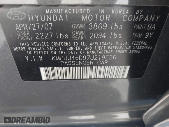 2007 Hyundai Elantra GLS z VIN KMHDU46D97U219626, wystawiony jako IAAI lot #42342268 z przebiegiem 209 200 mil mil oraz . Historia ofert i sprzedaży dostępna na DreamBid. Obrazek 9.