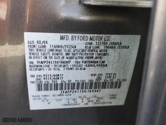 2005 Ford Five Hundred SEL with VIN 1FAFP24115G160347, listed as a Copart auction lot 72125594 with 222,715 mi miles and Salvage Title. Bid and sale history available at carsss.com. Image 12.