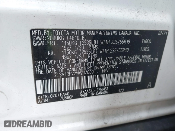 2021 Toyota RAV4 XLE Premium z VIN 2T3A1RFV2MW217009, wystawiony jako IAAI lot #41526066 z przebiegiem 36 619 mil mil oraz . Historia ofert i sprzedaży dostępna na DreamBid. Obrazek 9.