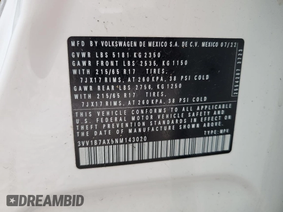 2022 Volkswagen Tiguan S with VIN 3VV1B7AX5NM143020, listed as a Copart auction lot 51576675 with Not provided miles and Non repairable. Bid and sale history available at DreamBid. Image 15.