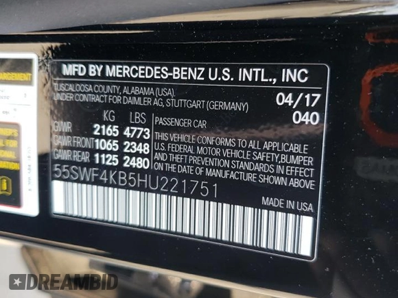 2017 Mercedes-Benz C 300 with VIN 55SWF4KB5HU221751, listed as a Copart auction lot 60019865 with 80,144 mi miles and Salvage title. Bid and sale history available at DreamBid. Image 13.
