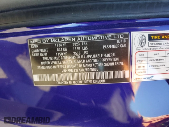 2018 McLaren 570S z VIN SBM13FAA8JW005006, wystawiony jako Copart lot #59641834 z przebiegiem 38 683 mil mil oraz Szkody całkowita. Historia ofert i sprzedaży dostępna na DreamBid. Obrazek 14.