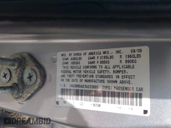 2007 Honda Accord LX with VIN 1HGCM56467A033681, listed as a IAAI auction lot 42680186 with 181,997 mi miles and . Bid and sale history available at DreamBid. Image 9.