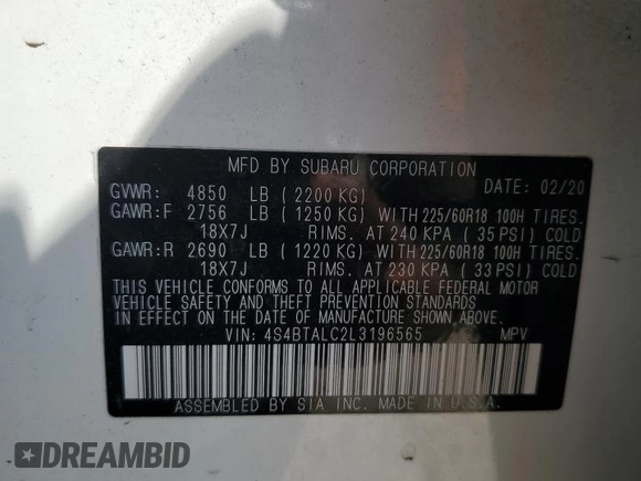 2020 Subaru Outback Limited with VIN 4S4BTALC2L3196565, listed as a Copart auction lot 60277835 with 85,778 mi miles and Salvage title. Bid and sale history available at DreamBid. Image 14.
