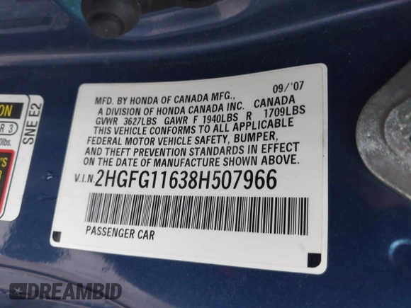 2008 Honda Civic Cpe LX with VIN 2HGFG11638H507966, listed as a IAAI auction lot 42180856 with 168,172 mi miles. Bid and sale history available at carsss.com. Image 9.
