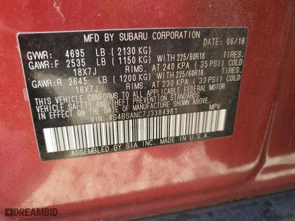 2018 Subaru Outback Limited with VIN 4S4BSANC7J3384981, listed as a Copart auction lot 53449345 with 70,708 mi miles and Salvage Title. Bid and sale history available at carsss.com. Image 14.