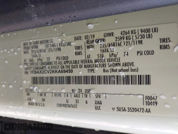 2019 Ford Transit XL with VIN 1FBAX2CV2KKA69450, listed as a IAAI auction lot 41539173 with 114,518 mi miles and . Bid and sale history available at DreamBid. Image 9.