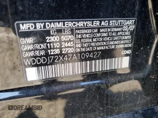 2007 Mercedes-Benz CLS-Class 5.5L with VIN WDDDJ72X47A109427, listed as a Copart auction lot 88588885 with 0 mi miles and Salvage Title. Bid and sale history available at carsss.com. Image 12.