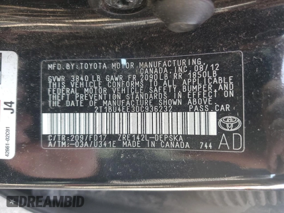 2013 Toyota Corolla L with VIN 2T1BU4EE3DC936232, listed as a Copart auction lot 54981735 with 187,598 mi miles and Salvage Title. Bid and sale history available at carsss.com. Image 12.