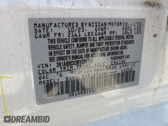 2024 Nissan Sentra SV z VIN 3N1AB8CV3RY224745, wystawiony jako Copart lot #57829955 z przebiegiem 25 449 mil mil oraz Szkoda całkowita • Salvage title. Historia ofert i sprzedaży dostępna na DreamBid. Obrazek 13.