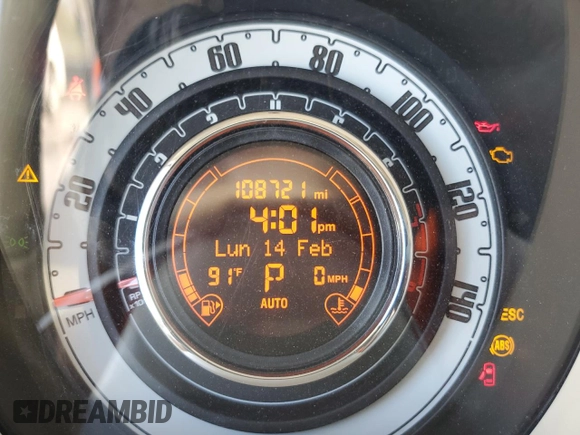 2012 FIAT 500 Lounge with VIN 3C3CFFERXCT370485, listed as a Copart auction lot 57119785 with 108,721 mi miles and Salvage title. Bid and sale history available at DreamBid. Image 9.
