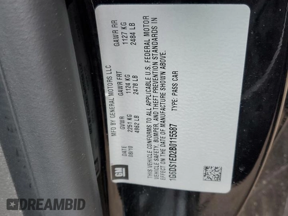 2011 Cadillac CTS Premium with VIN 1G6DS1ED2B0115587, listed as a Copart auction lot 49347475 with Not provided miles and Salvage title. Bid and sale history available at DreamBid. Image 12.