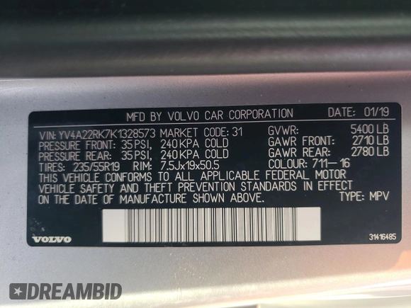 2019 Volvo XC60 Momentum with VIN YV4A22RK7K1328573, listed as a Copart auction lot 89158485 with 34,410 mi miles and Salvage title. Bid and sale history available at DreamBid. Image 13.