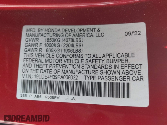 2023 Acura Integra w/A-Spec Package with VIN 19UDE4H39PA008032, listed as a IAAI auction lot 42519216 with 19,107 mi miles and . Bid and sale history available at DreamBid. Image 9.