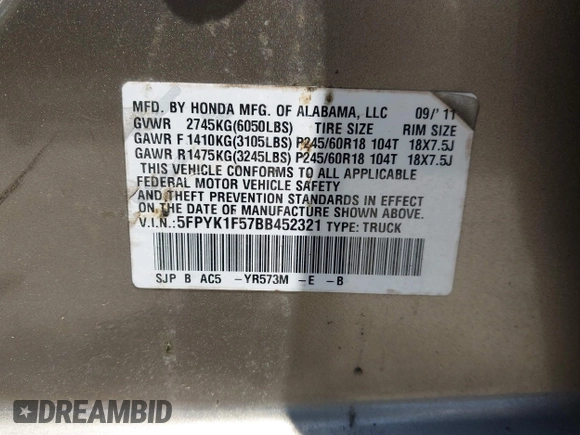 2011 Honda Ridgeline RTL with VIN 5FPYK1F57BB452321, listed as a IAAI auction lot 42306915 with Not provided miles and . Bid and sale history available at DreamBid. Image 9.