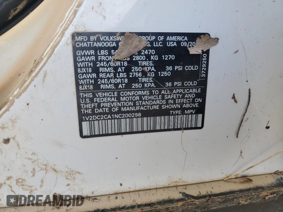 2022 Volkswagen Atlas SE with VIN 1V2DC2CA1NC200298, listed as a Copart auction lot 53239565 with 56,192 mi miles and Salvage title. Bid and sale history available at DreamBid. Image 15.