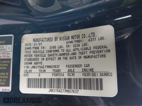 2007 Infiniti G35 with VIN JNKCV54E77M907637, listed as a IAAI auction lot 41539304 with Not Provided miles and . Bid and sale history available at carsss.com. Image 9.
