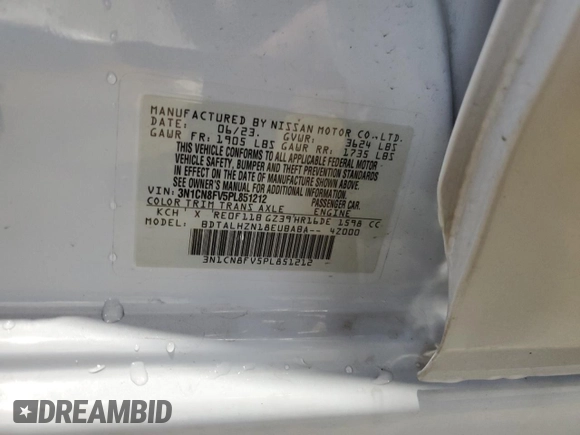 2023 Nissan Versa SR with VIN 3N1CN8FV5PL851212, listed as a Copart auction lot 44752565 with 12,382 mi miles and Salvage Title. Bid and sale history available at DreamBid. Image 12.