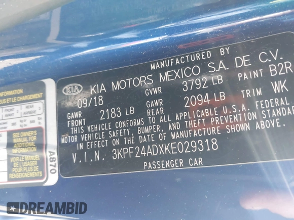 2019 Kia Forte LXS with VIN 3KPF24ADXKE029318, listed as a IAAI auction lot 41307045 with 97,763 mi miles and . Bid and sale history available at carsss.com. Image 9.