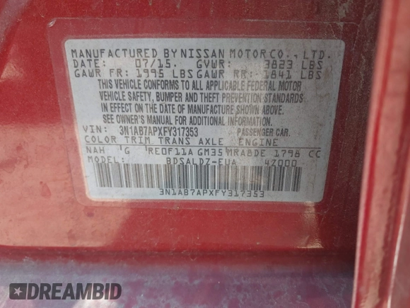 2015 Nissan Sentra SV z VIN 3N1AB7APXFY317353, wystawiony jako IAAI lot #42451545 z przebiegiem 159 530 mil mil oraz . Historia ofert i sprzedaży dostępna na DreamBid. Obrazek 9.