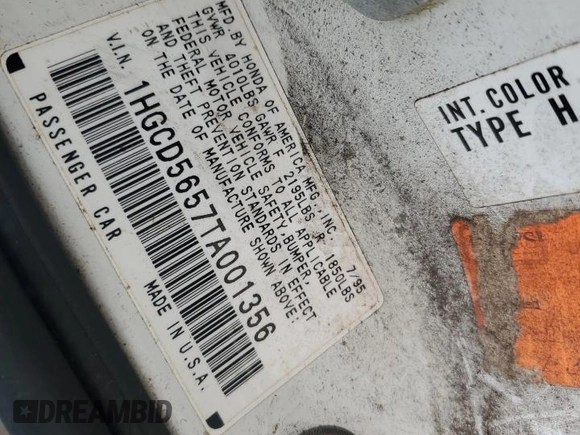 1996 Honda Accord EX with VIN 1HGCD5657TA001356, listed as a Copart auction lot 69712964 with 241,689 mi miles and Salvage Title. Bid and sale history available at DreamBid. Image 12.