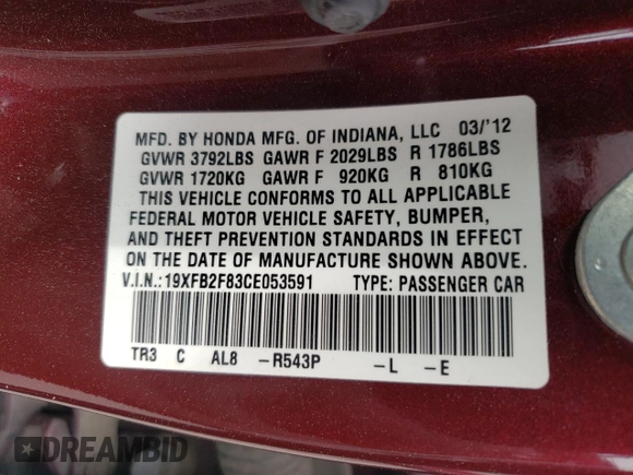 2012 Honda Civic EX with VIN 19XFB2F83CE053591, listed as a Copart auction lot 50392235 with 137,410 mi miles and Salvage Title. Bid and sale history available at DreamBid. Image 14.