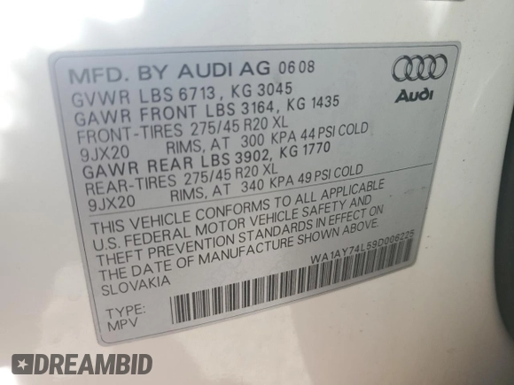 2009 Audi Q7 with VIN WA1AY74L59D006225, listed as a Copart auction lot 61760315 with 126,247 mi miles and Salvage title. Bid and sale history available at DreamBid. Image 13.