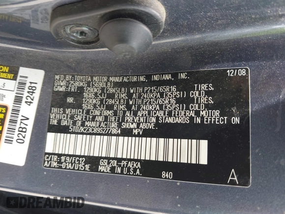 2009 Toyota Sienna CE with VIN 5TDZK23C89S277864, listed as a IAAI auction lot 42086182 with 223,870 mi miles and . Bid and sale history available at DreamBid. Image 9.