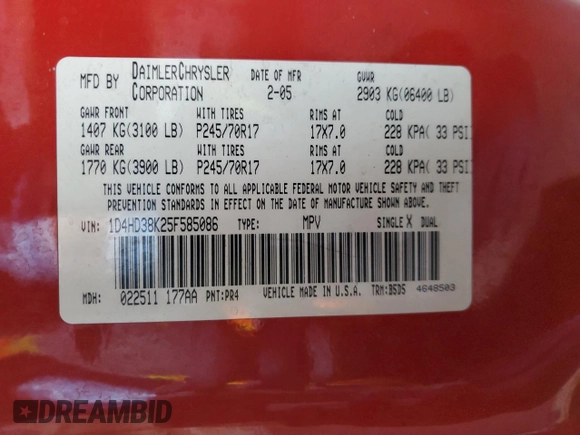 2005 Dodge Durango SXT z VIN 1D4HD38K25F585086, wystawiony jako Copart lot #89017805 z przebiegiem 195 929 mil mil oraz Szkoda całkowita • Salvage title. Historia ofert i sprzedaży dostępna na DreamBid. Obrazek 13.
