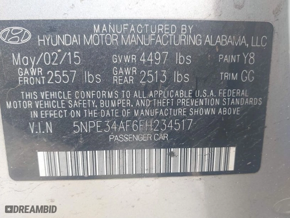 2015 Hyundai Sonata 2.4L Limited with VIN 5NPE34AF6FH234517, listed as a IAAI auction lot 41452758 with 161,941 mi miles. Bid and sale history available at carsss.com. Image 9.