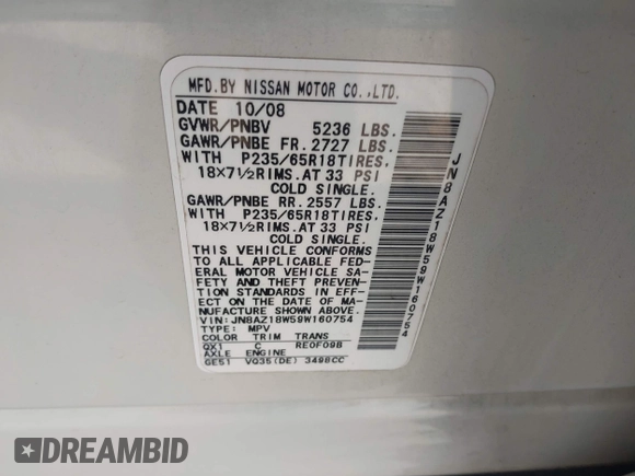 2009 Nissan Murano S with VIN JN8AZ18W59W160754, listed as a IAAI auction lot 42147172 with 210,369 mi miles. Bid and sale history available at carsss.com. Image 9.