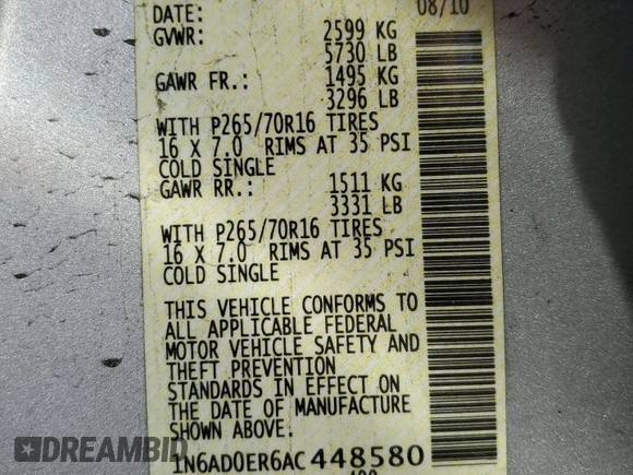2010 Nissan Frontier SE с VIN 1N6AD0ER6AC448580, выставлен на аукционе Copart как лот 52199225 с пробегом 140 093 миль миль и Списание • Salvage title. История ставок и продаж доступна на DreamBid. Изображение 14.