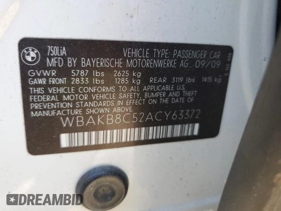 2010 BMW 7 Series 750Li with VIN WBAKB8C52ACY63372, listed as a Copart auction lot 49962145 with 142,480 mi miles and Clean title. Bid and sale history available at DreamBid. Image 12.