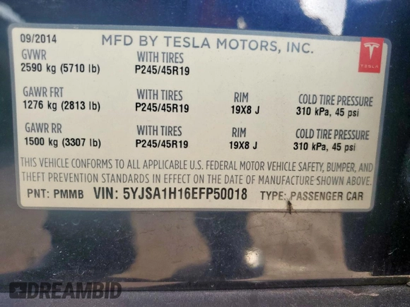 2014 Tesla Model S 60 с VIN 5YJSA1H16EFP50018, выставлен на аукционе Copart как лот 64372605 с пробегом 165 910 миль миль и Списание • Salvage title. История ставок и продаж доступна на DreamBid. Изображение 13.