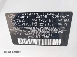 2013 Hyundai Azera with VIN KMHFG4JG3DA250451, listed as a IAAI auction lot 41682203 with 132,229 mi miles and . Bid and sale history available at DreamBid. Image 9.