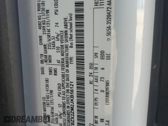 2018 Ford Transit Passenger XL с VIN 1FBZX2ZM2JKB56121, выставлен на аукционе Copart как лот 83858524 с пробегом 73 929 миль миль и Списание • Salvage title. История ставок и продаж доступна на DreamBid. Изображение 13.