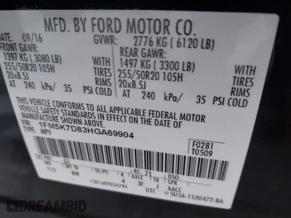 2017 Ford Explorer XLT with VIN 1FM5K7D83HGA69904, listed as a IAAI auction lot 41878052 with Not Provided miles and . Bid and sale history available at carsss.com. Image 9.