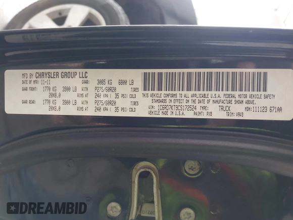 2012 Ram 1500 Express z VIN 1C6RD7KT9CS172524, wystawiony jako IAAI lot #41909767 z przebiegiem 173 249 mil mil oraz . Historia ofert i sprzedaży dostępna na DreamBid. Obrazek 9.