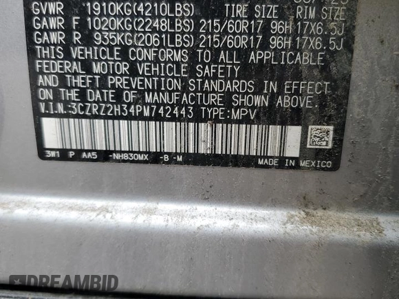 2023 Honda HR-V LX with VIN 3CZRZ2H34PM742443, listed as a Copart auction lot 56149665 with 18,379 mi miles and Salvage title. Bid and sale history available at DreamBid. Image 13.