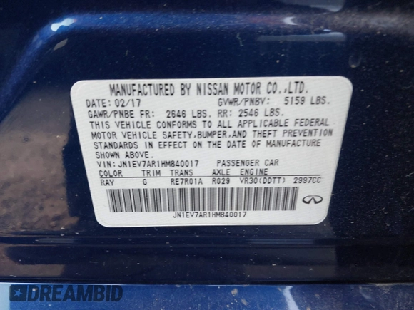 2017 Infiniti Q50 Premium with VIN JN1EV7AR1HM840017, listed as a IAAI auction lot 41006689 with Not provided miles and . Bid and sale history available at DreamBid. Image 9.