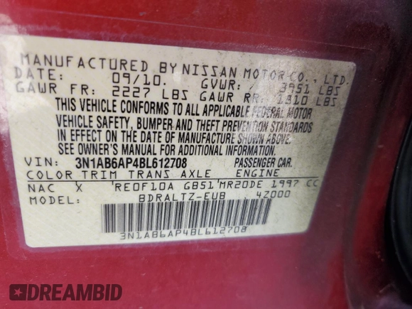 2011 Nissan Sentra S with VIN 3N1AB6AP4BL612708, listed as a Copart auction lot 62357505 with 153,012 mi miles and Clean title. Bid and sale history available at DreamBid. Image 12.